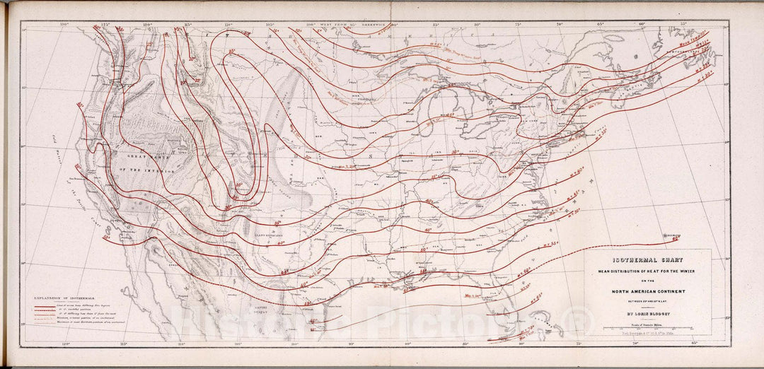 Historic Map : Survey Book, Isothermal chart: Mean distribution of heat for the Winter on the North American Continent 1857 - Vintage Wall Art