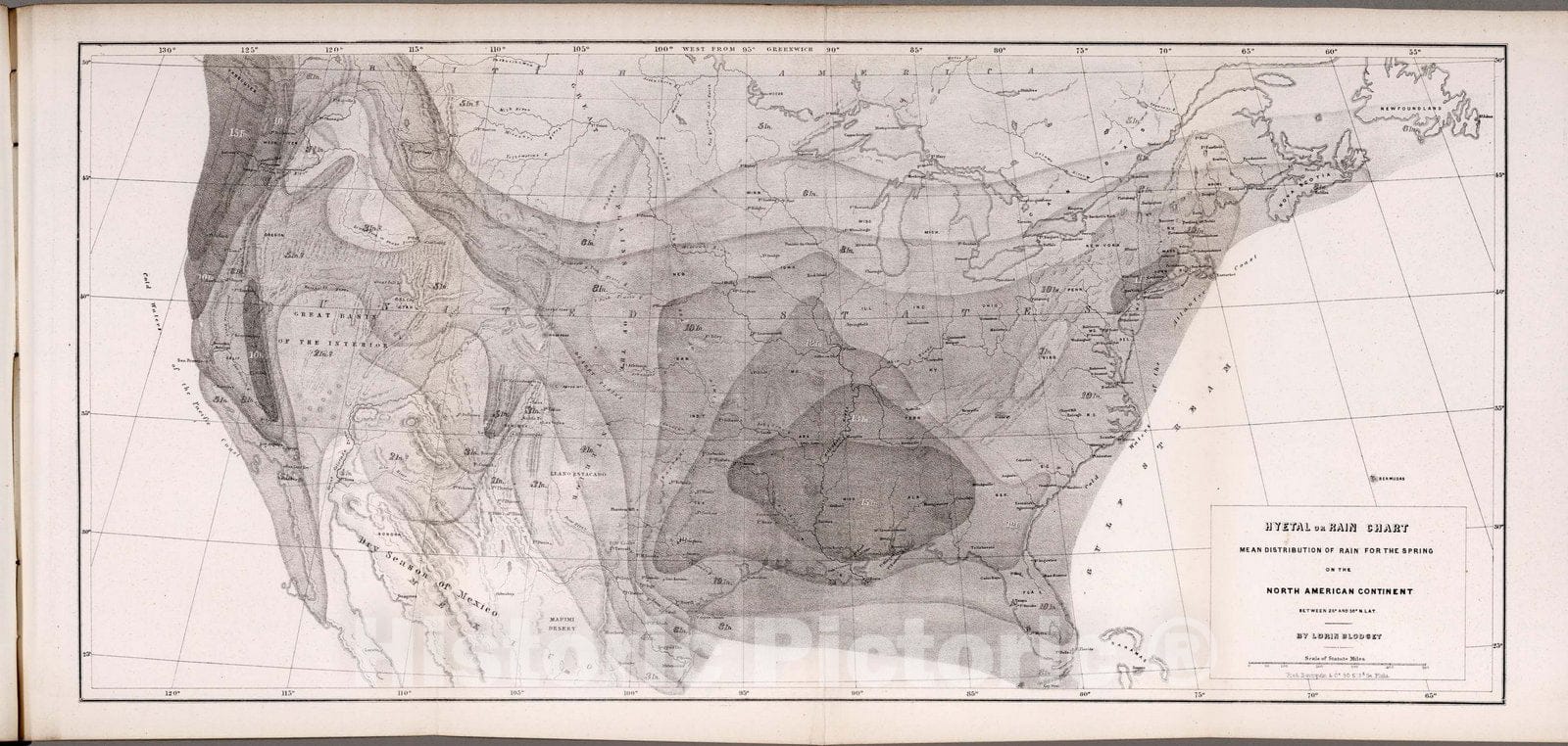 Historic Map : Survey Book, Hyetal or rain chart: Mean distribution of rain for the Spring on the North American Continent 1857 - Vintage Wall Art