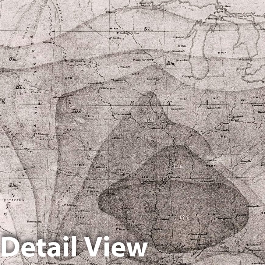 Historic Map : Survey Book, Hyetal or rain chart: Mean distribution of rain for the Spring on the North American Continent 1857 - Vintage Wall Art