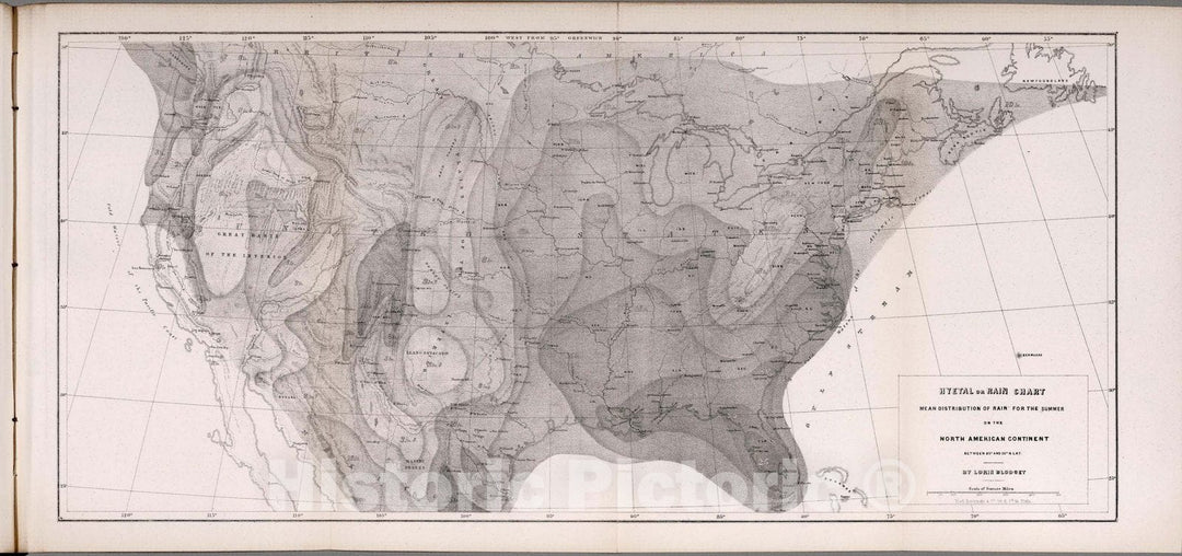 Historic Map : Survey Book, Hyetal or rain chart: Mean distribution of rain for the Summer on the North American Continent 1857 - Vintage Wall Art