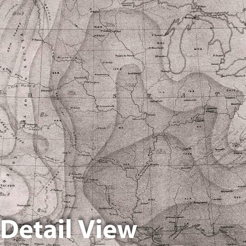 Historic Map : Survey Book, Hyetal or rain chart: Mean distribution of rain for the Summer on the North American Continent 1857 - Vintage Wall Art