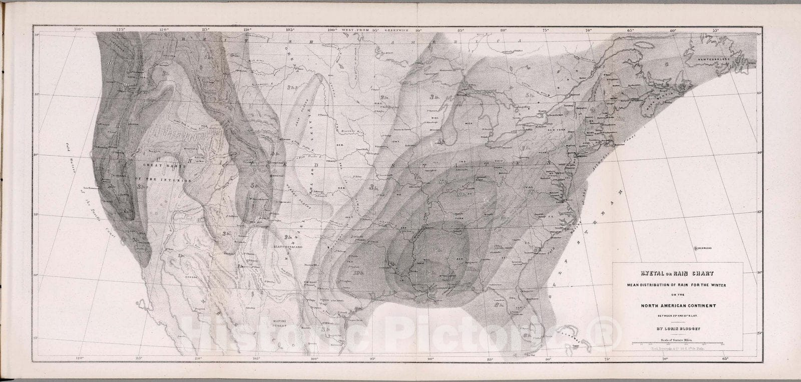 Historic Map : Survey Book, Hyetal or rain chart: Mean distribution of rain for the Winter on the North American Continent 1857 - Vintage Wall Art