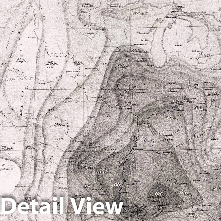 Historic Map : Survey Book, Hyetal or rain chart: Mean distribution of rain for the Year on the North American Continent 1857 - Vintage Wall Art