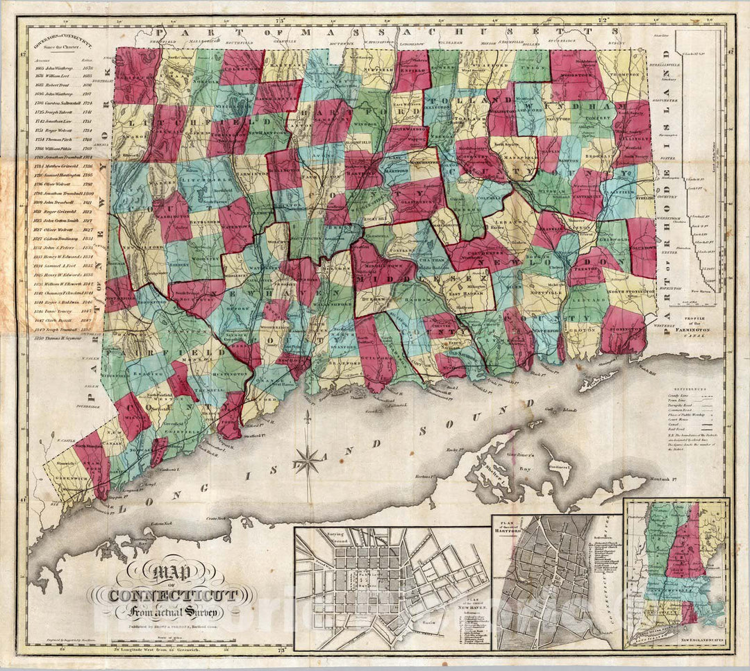 Historic Map : Map of Connecticut from actual survey, 1854 - Vintage Wall Art