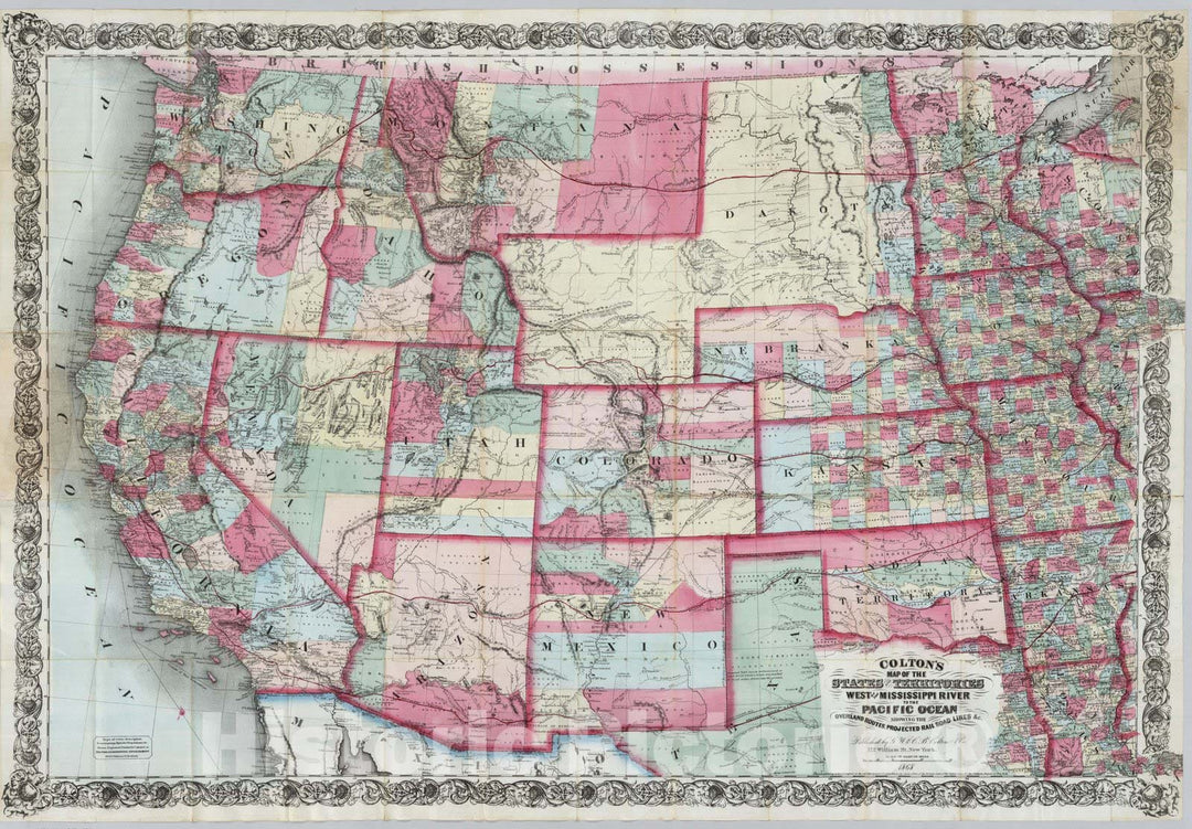 Historic Map : Pocket Map, States And Territories West of The Mississippi River 1868 - Vintage Wall Art