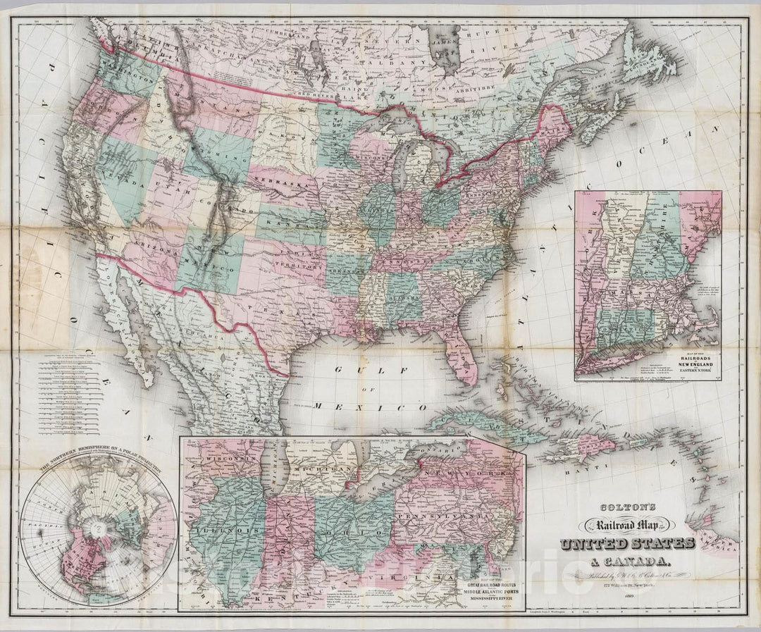 Historic Wall Map : Pocket Map, United States & Canada 1869 - Vintage Wall Art