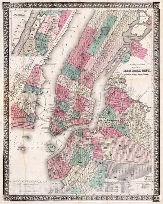 Historic Map : Pocket Map, New York City, Brooklyn, Jersey City, Hoboken 1870 - Vintage Wall Art