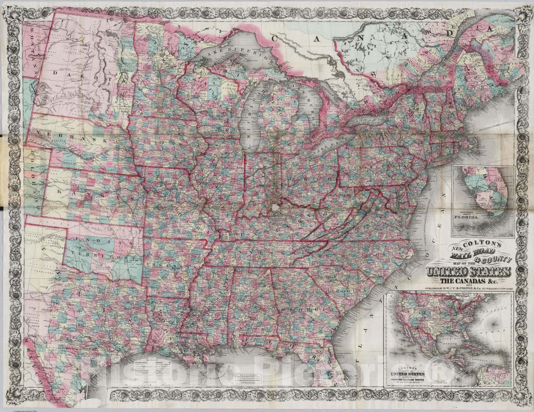 Historic Map : Pocket Map, Covers: United States, The Canadas 1871 - Vintage Wall Art