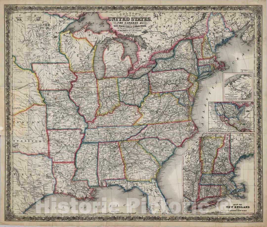 Historic Map : Pocket Map, United States, The Canadas 1852 - Vintage Wall Art