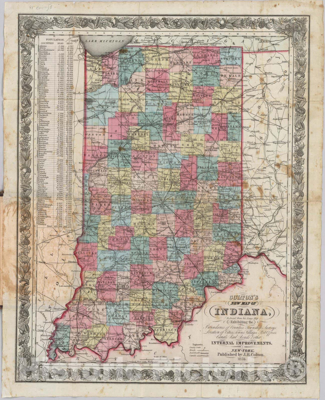 Historic Map : New Map of Indiana, 1853 - Vintage Wall Art