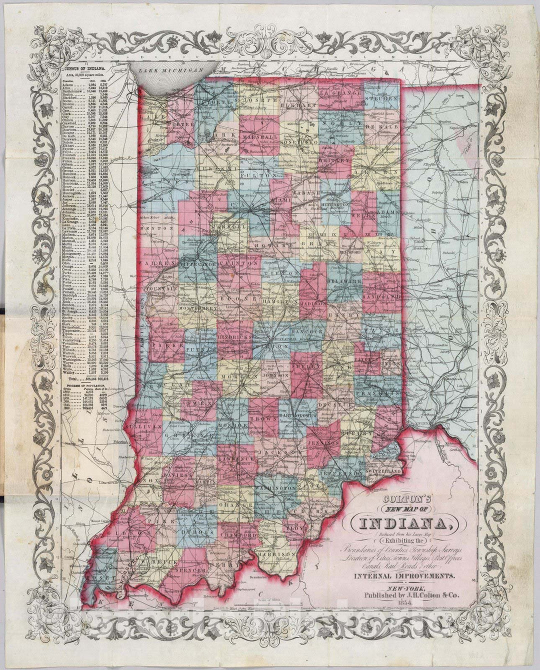 Historic Map : New Map of Indiana, 1854 - Vintage Wall Art