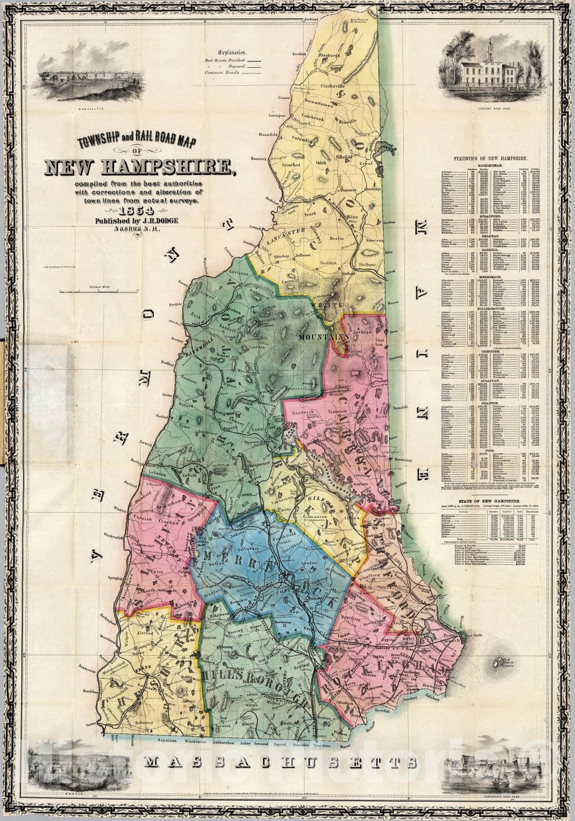 Historic Map : Township and Railroad Map of New Hampshire, 1854 - Vintage Wall Art