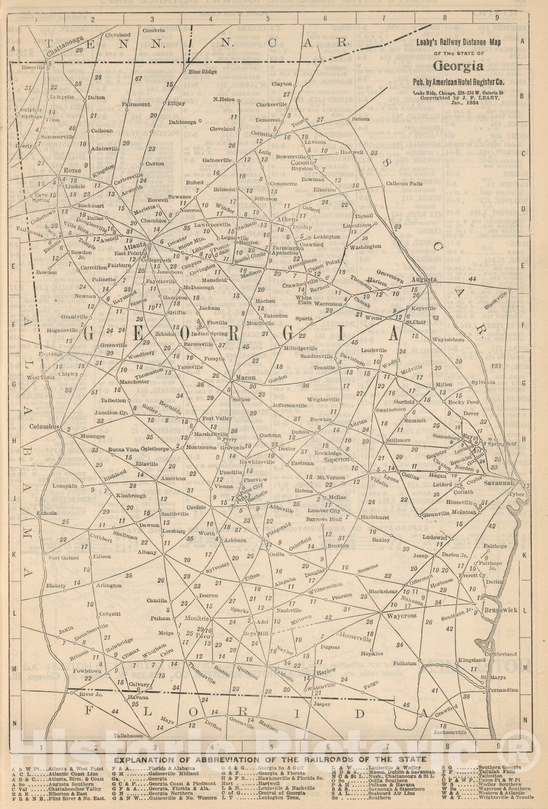 Historic Map : Railway Distance Map of the State of Georgia, 1934 - Vintage Wall Art