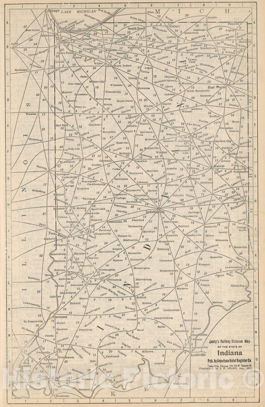 Historic Map : Railway Distance Map of the State of Indiana, 1934 - Vintage Wall Art