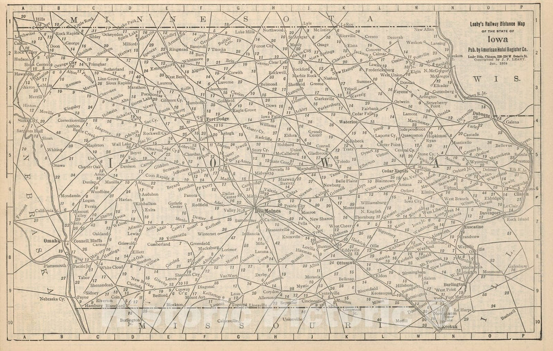 Historic Map : Railway Distance Map of the State of Iowa, 1934 - Vintage Wall Art