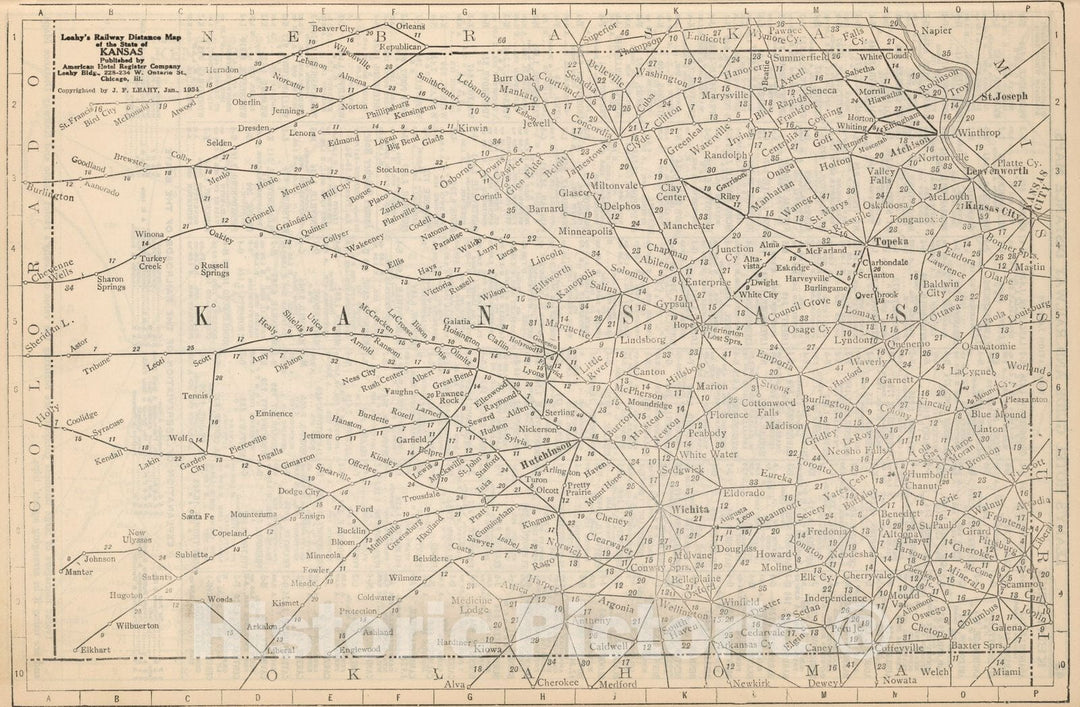 Historic Map : Railway Distance Map of the State of Kansas, 1934 - Vintage Wall Art