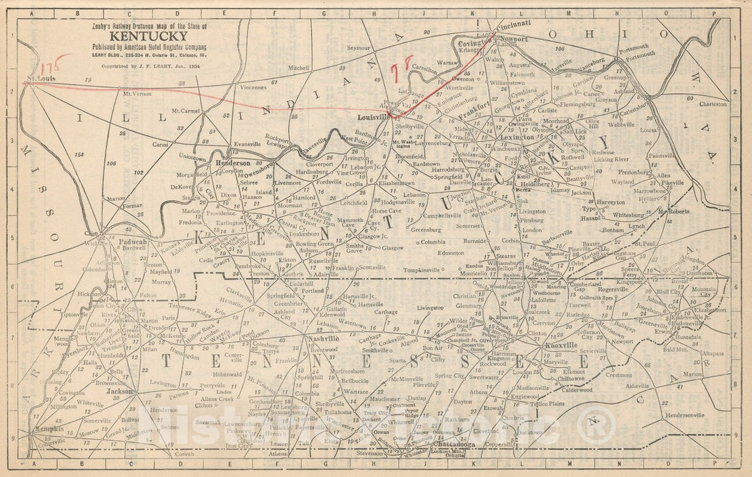 Historic Map : Railway Distance Map of the State of Kentucky, 1934 - Vintage Wall Art