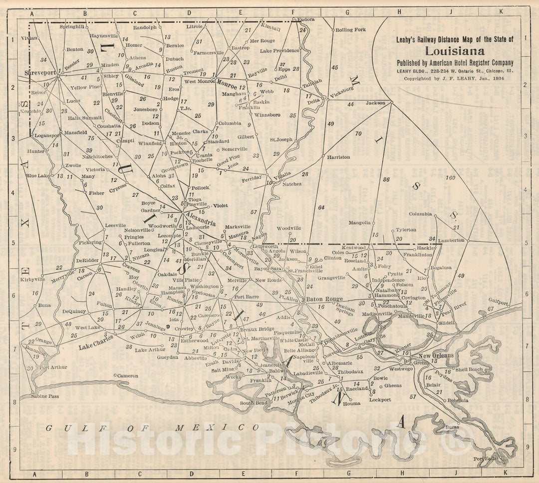 Historic Map - Railway Distance Map of the State of Louisiana, 1934, - Vintage Wall Art