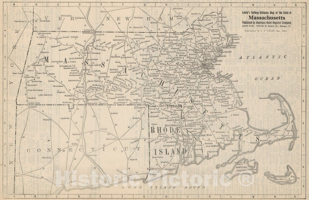 Historic Map : Railway Distance Map of the State of Masschusetts, 1934 - Vintage Wall Art