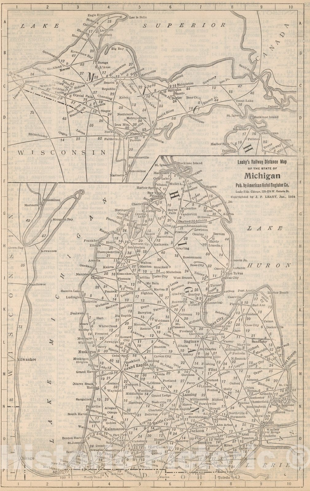 Historic Map : Railway Distance Map of the State of Michigan, 1934 - Vintage Wall Art