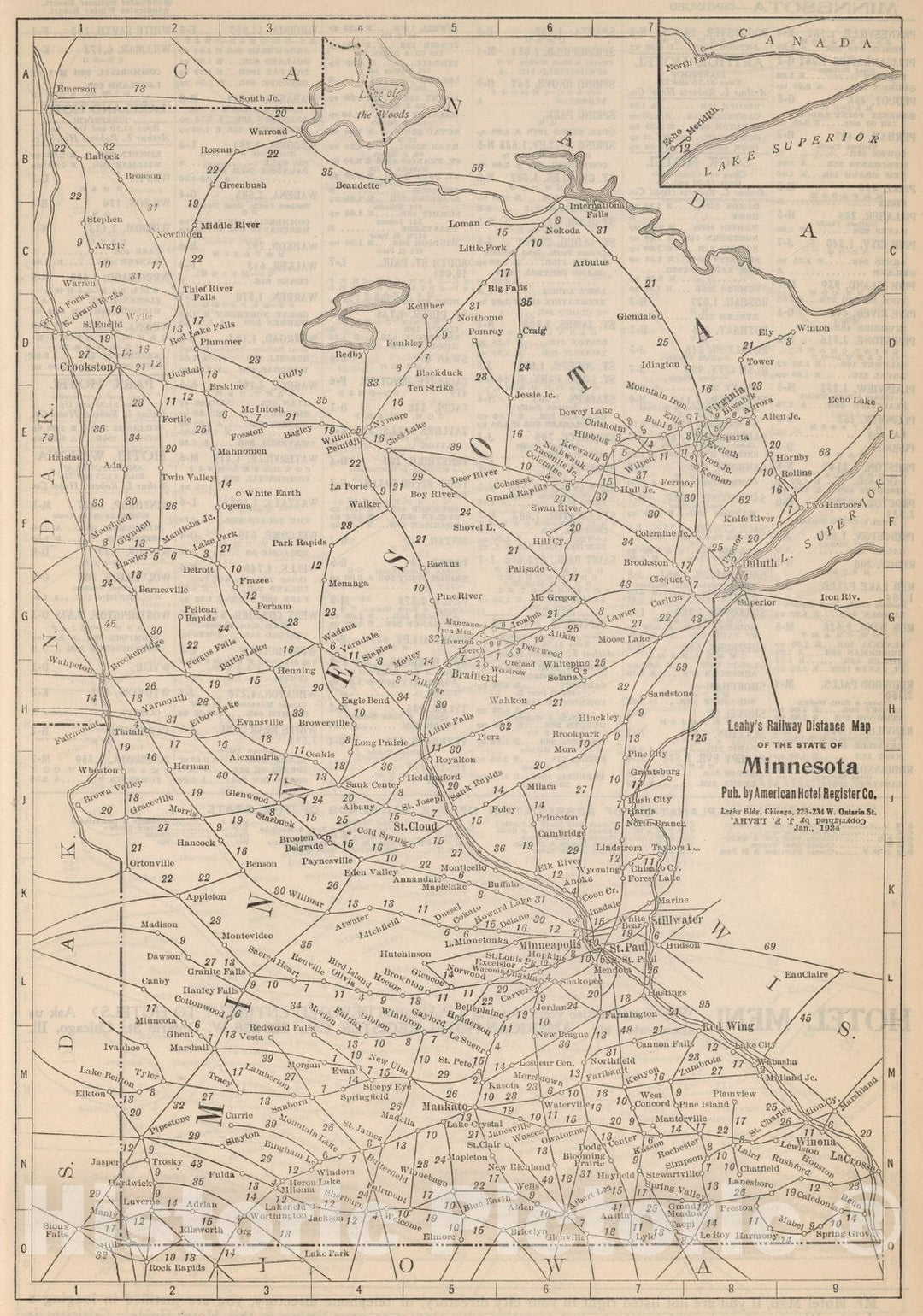 Historic Map : Railway Distance Map of the State of Minnesota, 1934 - Vintage Wall Art