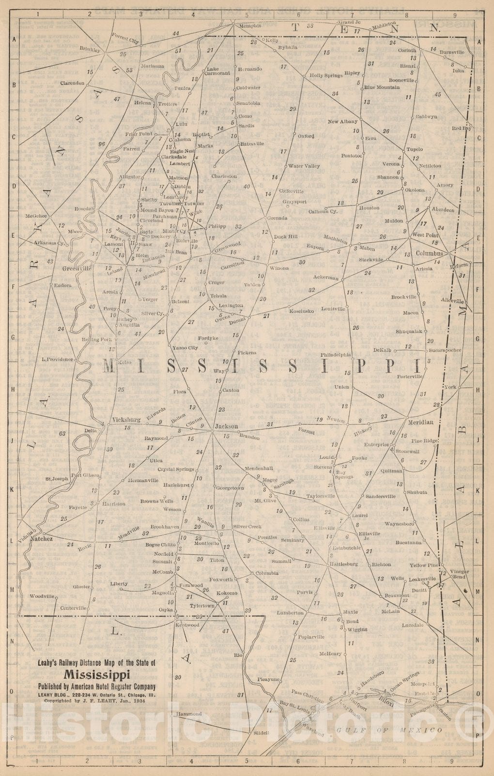 Historic Map : Railway Distance Map of the State of Mississippi, 1934 - Vintage Wall Art