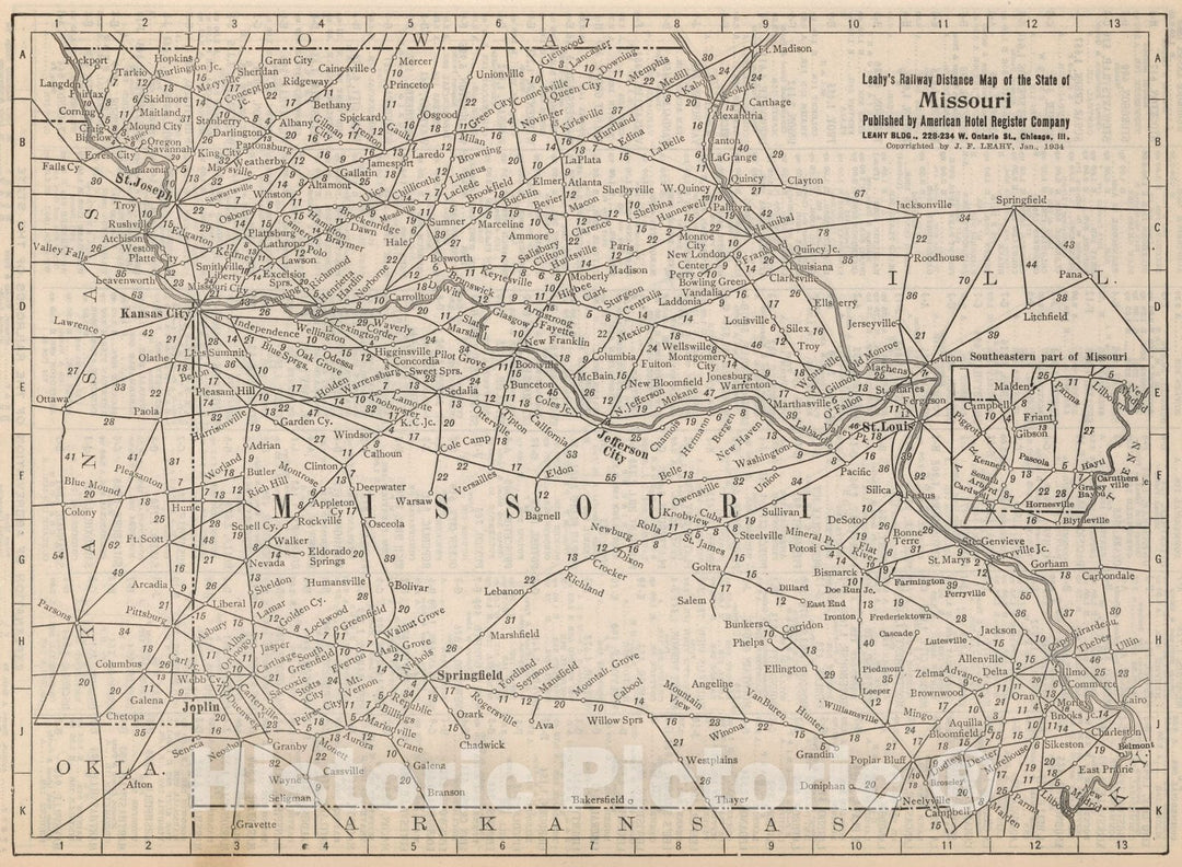 Historic Map : Railway Distance Map of the State of Missouri, 1934 - Vintage Wall Art