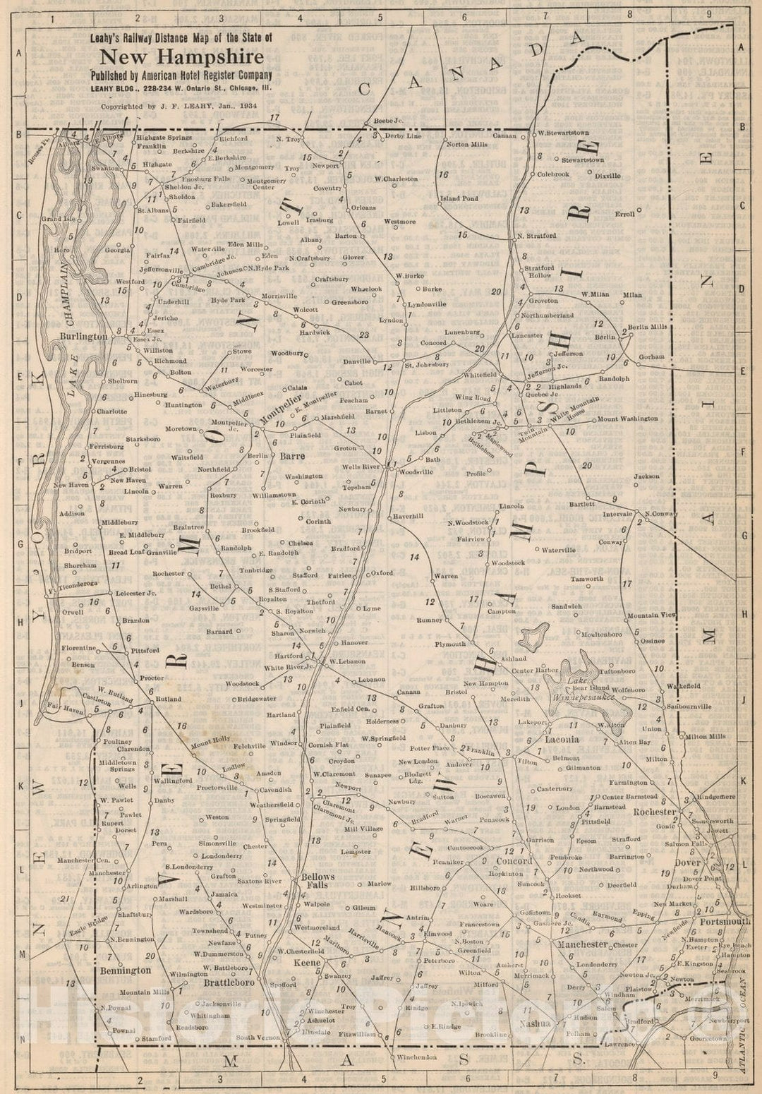 Historic Map : Railway Distance Map of the State of New Hampshire, 1934 - Vintage Wall Art