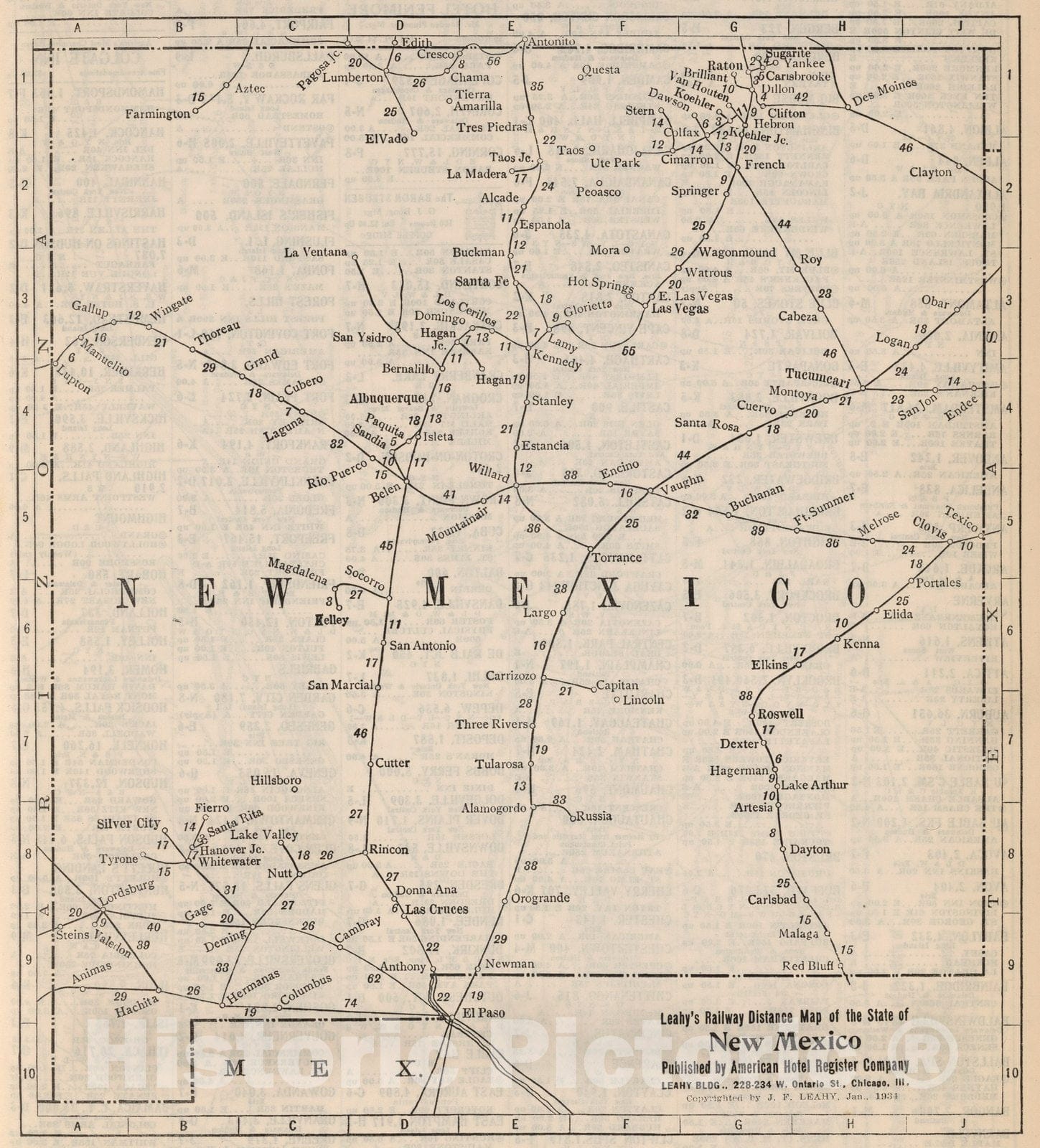 Historic Map : Railway Distance Map of the State of New Mexico, 1934 - Vintage Wall Art