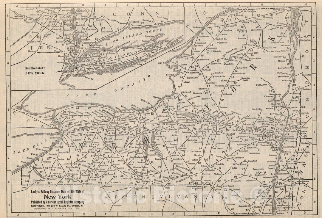 Historic Wall Map : Railway Distance Map of the State of New York, 1934 - Vintage Wall Art