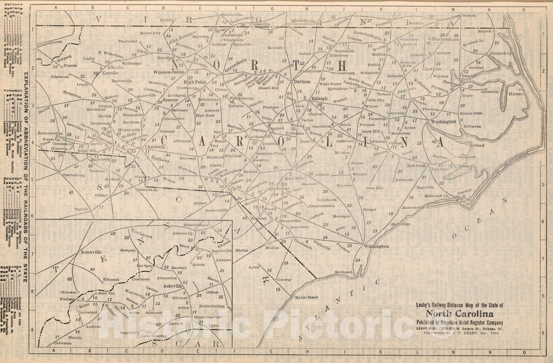 Historic Map : Railway Distance Map of the State of North Carolina, 1934 - Vintage Wall Art