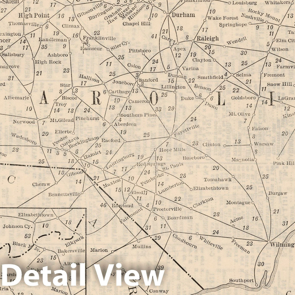 Historic Map : Railway Distance Map of the State of North Carolina, 1934 - Vintage Wall Art