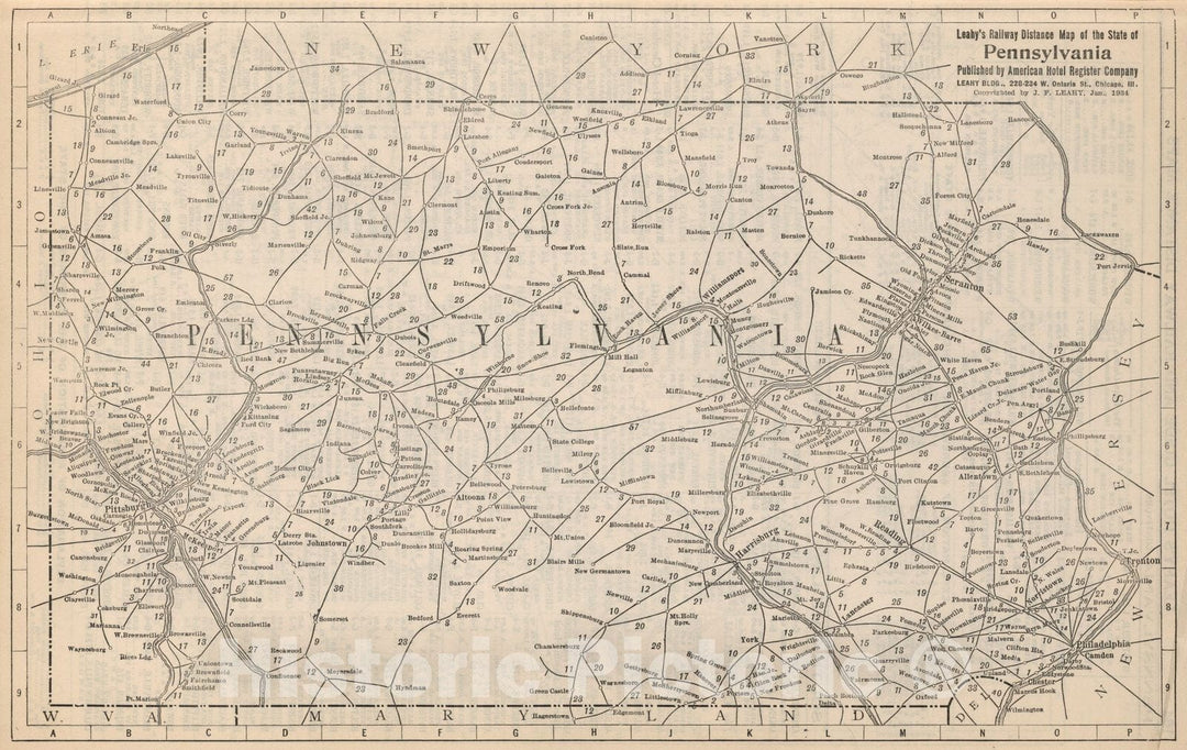 Historic Map : Railway Distance Map of the State of Pennsylvania, 1934 - Vintage Wall Art