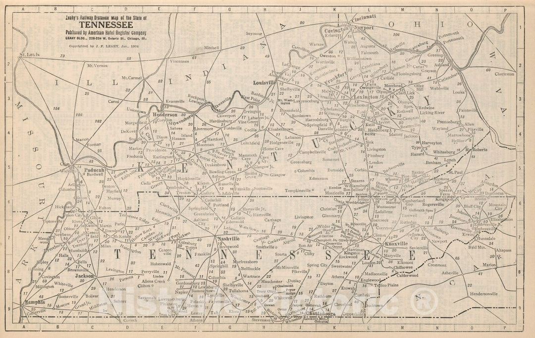 Historic Map : Railway Distance Map of the State of Tennessee, 1934 - Vintage Wall Art