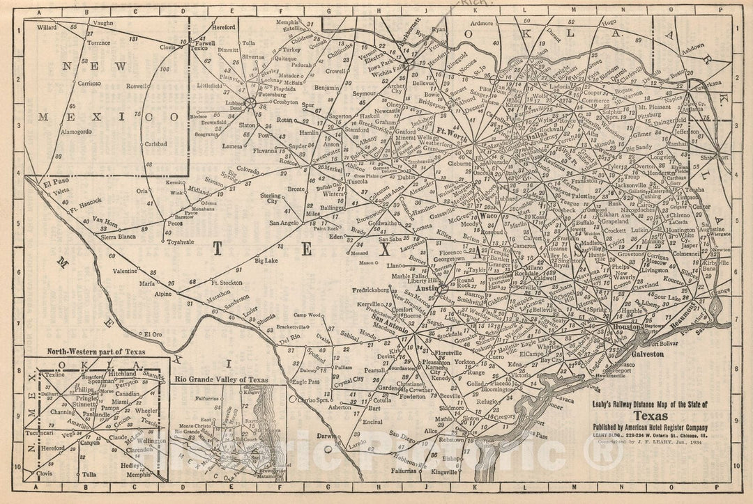 Historic Map : Railway Distance Map of the State of Texas, 1934 - Vintage Wall Art