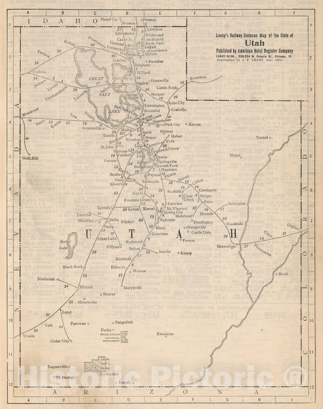 Historic Map : Railway Distance Map of the State of Utah, 1934 - Vintage Wall Art