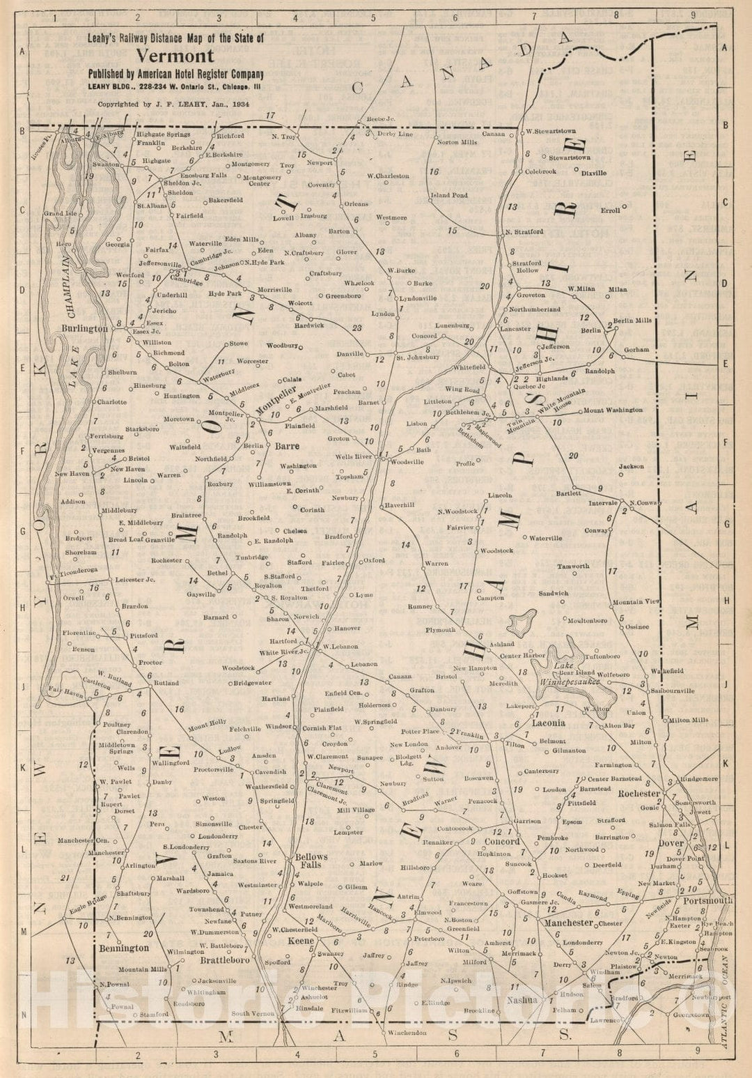 Historic Map : Railway Distance Map of the State of Vermont, 1934 - Vintage Wall Art