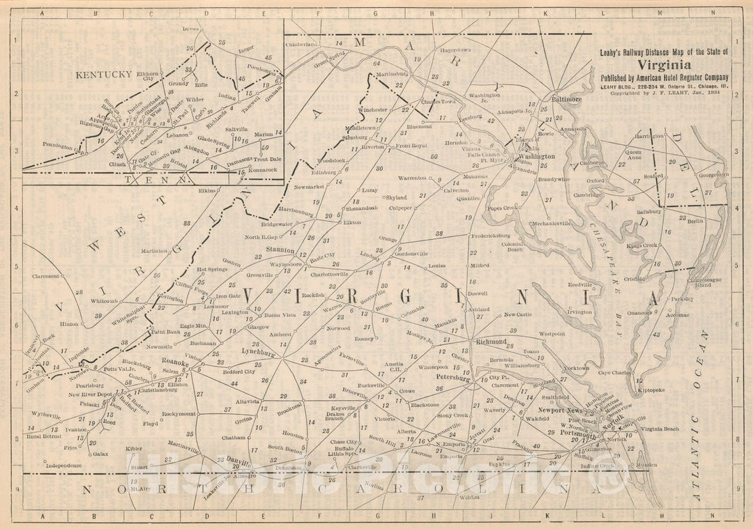 Historic Map : Railway Distance Map of the State of Virginia, 1934 - Vintage Wall Art