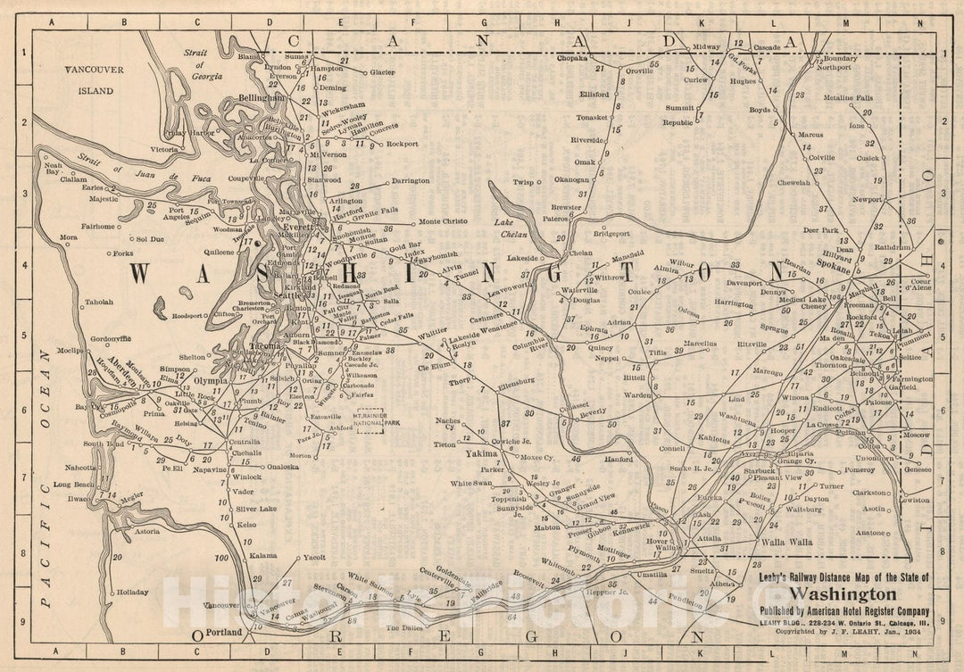 Historic Map : Railway Distance Map of the State of Washington, 1934 - Vintage Wall Art