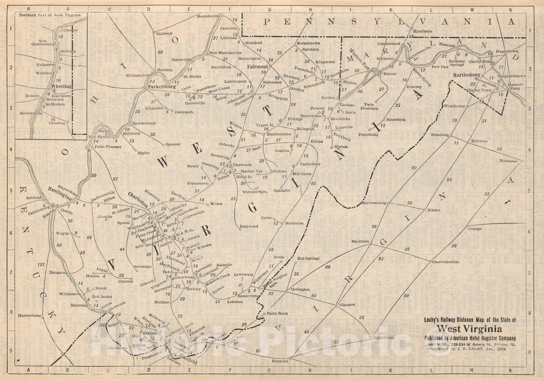 Historic Map : Railway Distance Map of the State of West Virginia, 1934 - Vintage Wall Art