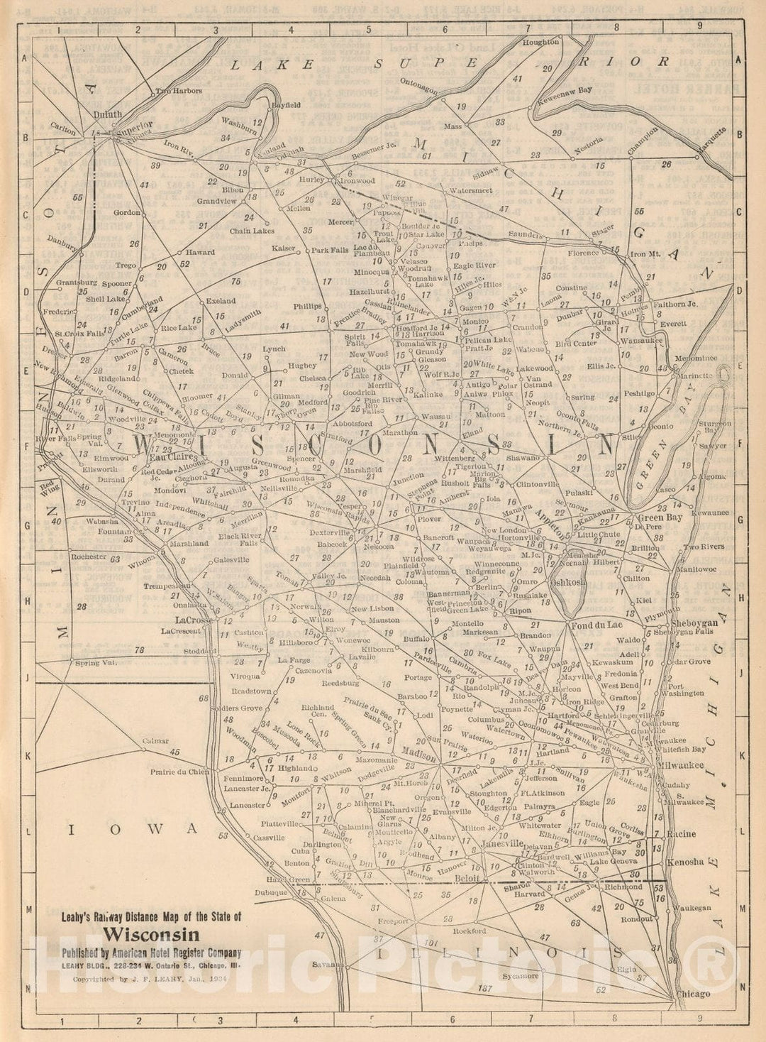 Historic Map : Railway Distance Map of the State of Wisconsin, 1934 - Vintage Wall Art