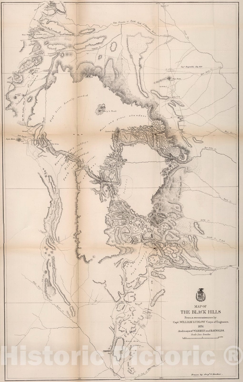 Historic Map : Map of the Black Hills from a reconnaissance by Capt. Wm. Ludlow, Corps of Engineers, 1874 - Vintage Wall Art