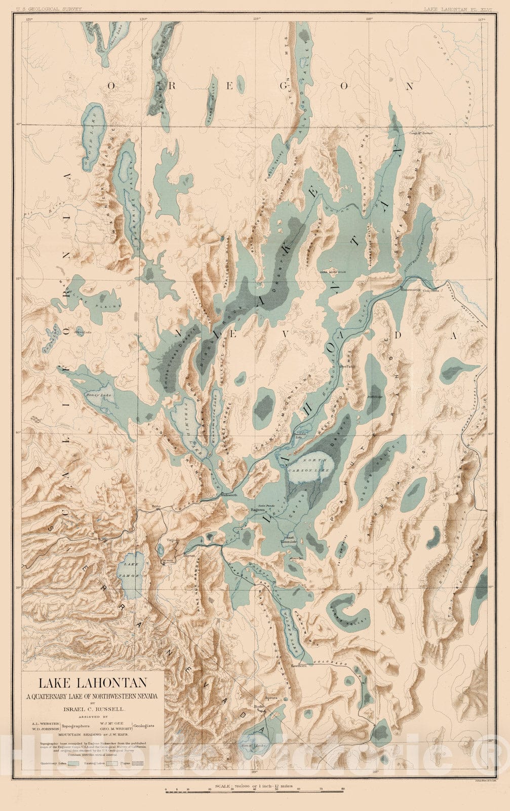 Historic Map - Geology Book, Plate XLVI: Lake Lahontan : a quaternary lake of northwestern Nevad 1885 - Vintage Wall Art