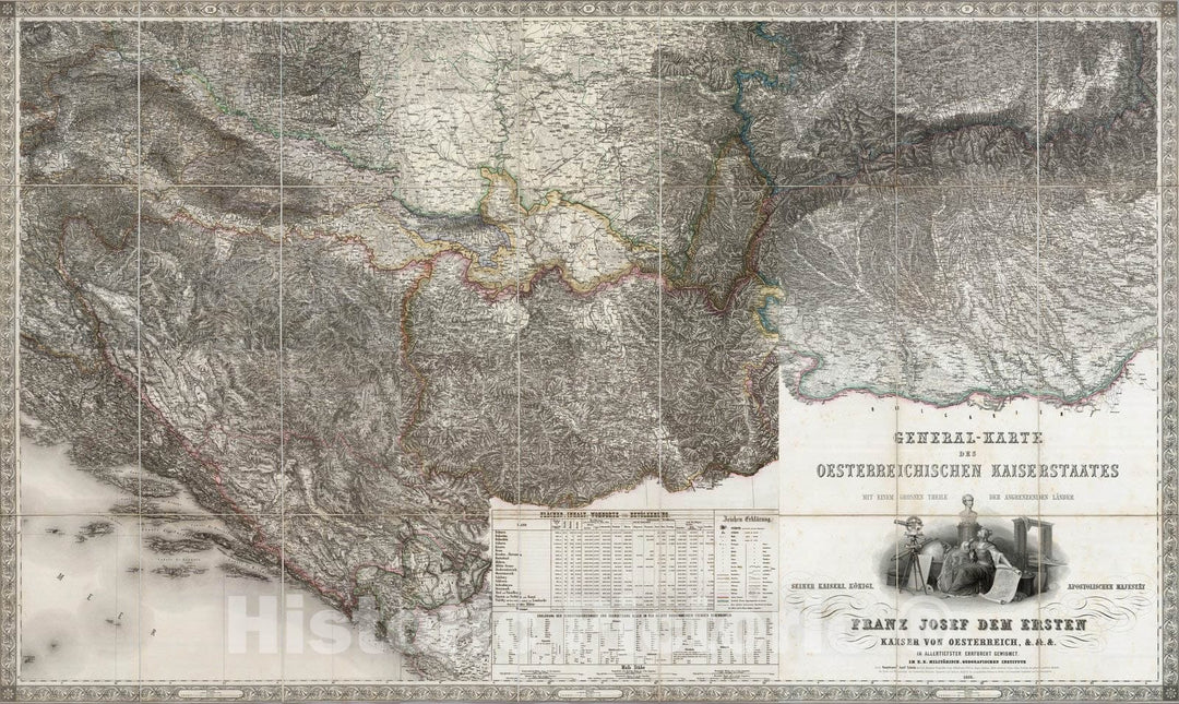 Historic Map : Bosnia and Hercegovina; Croatia; Montenegro; Romania; Serbia; Slovenia; Hungary; Bulgaria, Central Europe Kaiserstaates.1856, Vintage Wall Art