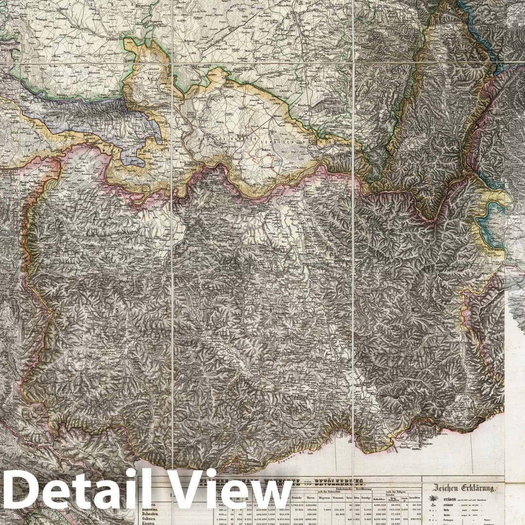 Historic Map : Bosnia and Hercegovina; Croatia; Montenegro; Romania; Serbia; Slovenia; Hungary; Bulgaria, Central Europe Kaiserstaates.1856, Vintage Wall Art