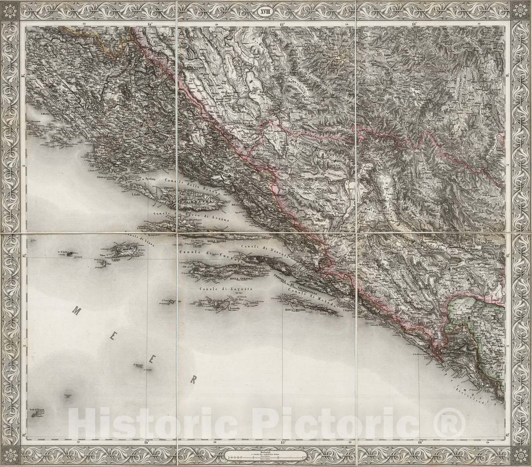 Historic Map : Bosnia and Hercegovina; Croatia; Montenegro, Central Europe Case Map, Sheet XVIII: Karte Des Oesterreichischen Kaiserstaates. 1856 , Vintage Wall Art