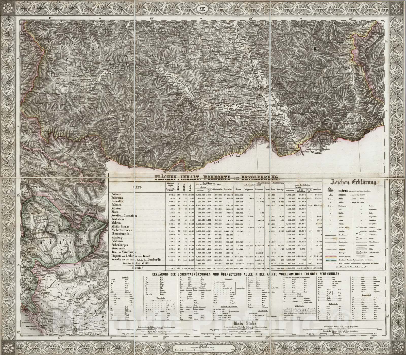 Historic Map : Montenegro; Serbia, Central Europe Case Map, Sheet XIX: Karte Des Oesterreichischen Kaiserstaates. 1856 , Vintage Wall Art