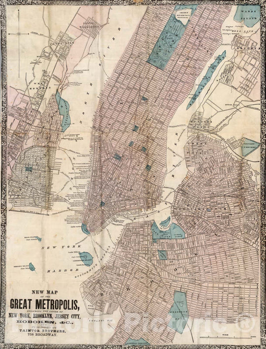 Historic Map : Guide Book, City of New York, Brooklyn, Jersey City, Hoboken 1867 - Vintage Wall Art