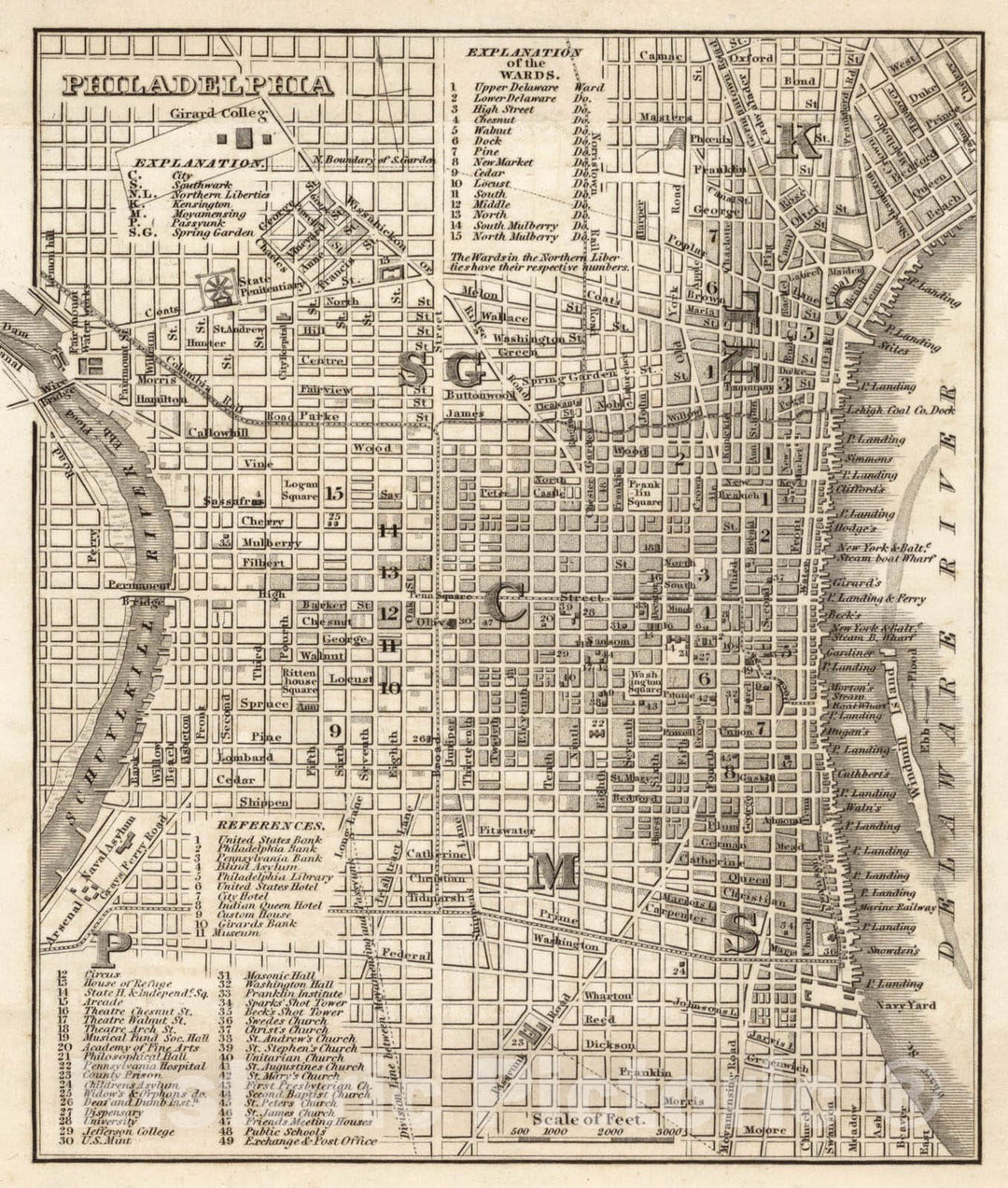 Historic Wall Map : Guide Book, Philadelphia 1844 - Vintage Wall Art