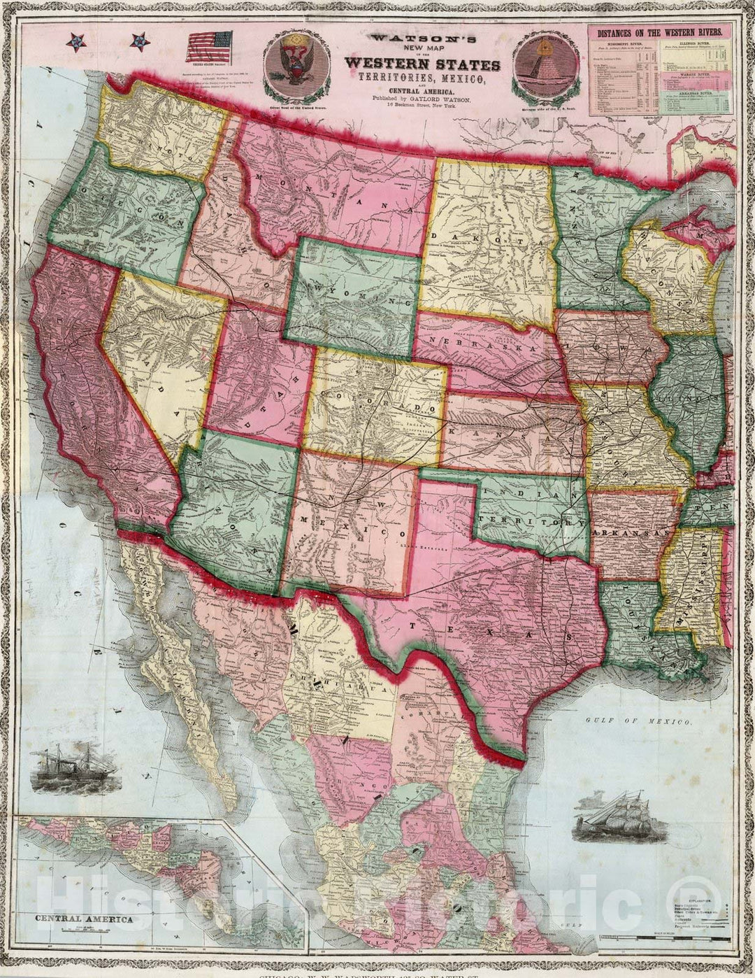 Historic Map : Pocket Map, Western States, Mexico, Central America 1869 - Vintage Wall Art